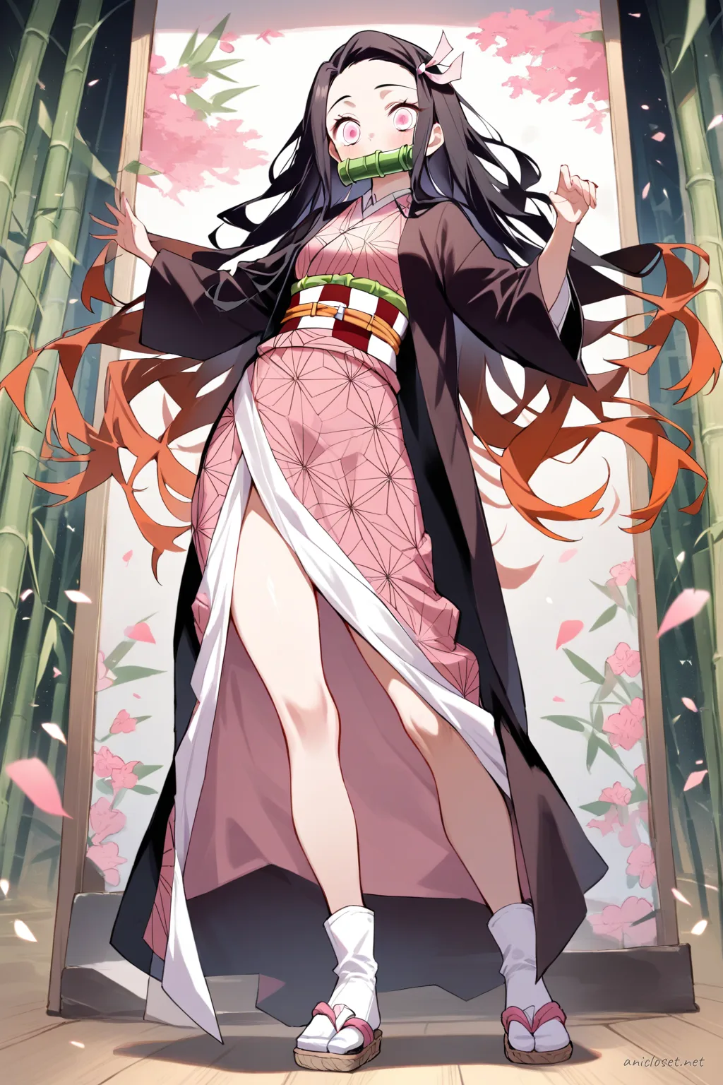 Full-body illustration of Nezuko Kamado in her Signature Look 02 wearing a pink patterned kimono, faded peach haori, black obi belt, white tabi socks, zori sandals, and bamboo mouthpiece against a clean studio background