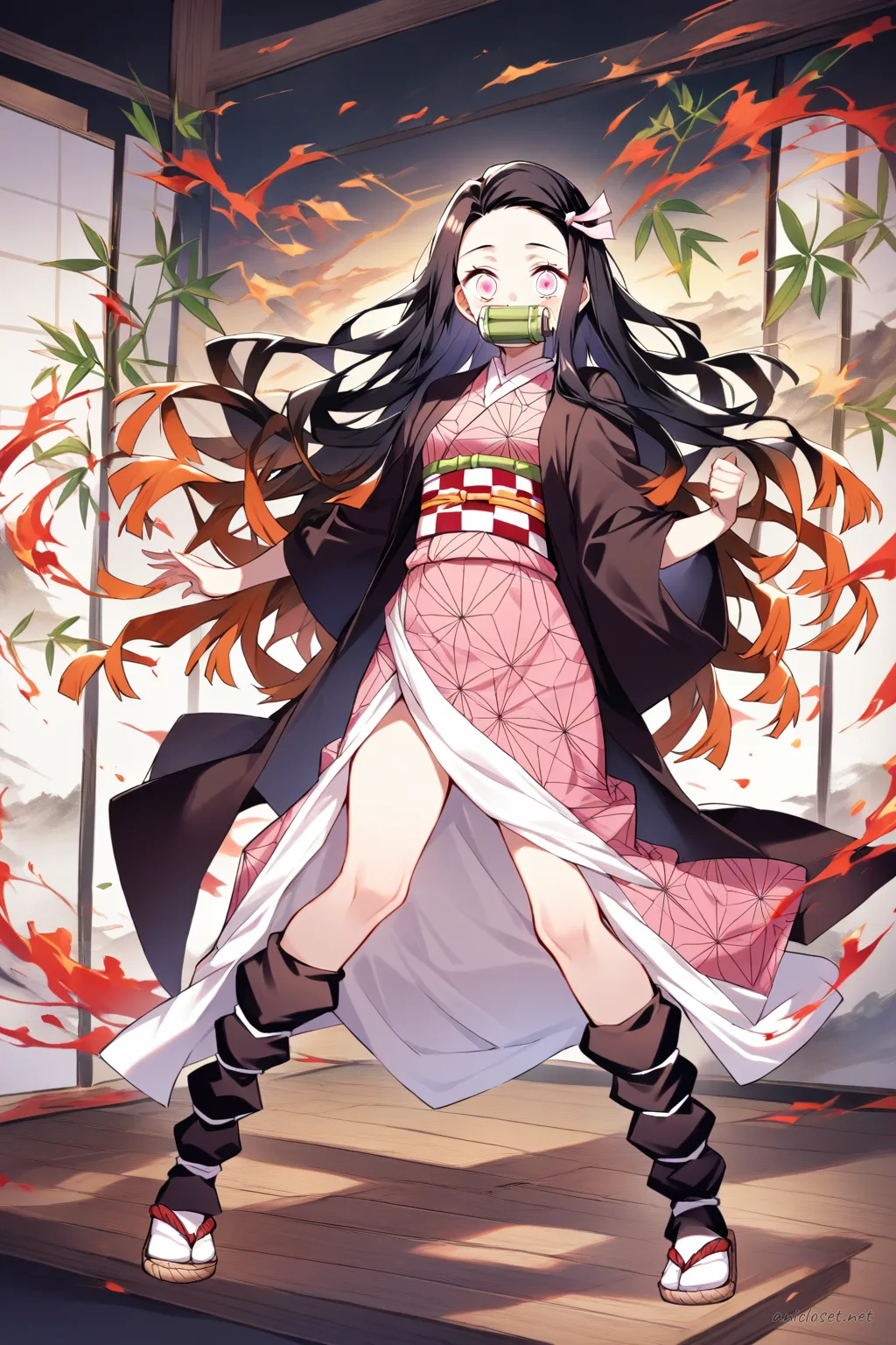 Full-body illustration of Nezuko Kamado in her pink kimono with hemp leaf pattern, red and white checkered obi, black haori, white tabi socks, and red zori sandals, standing against a clean studio backdrop