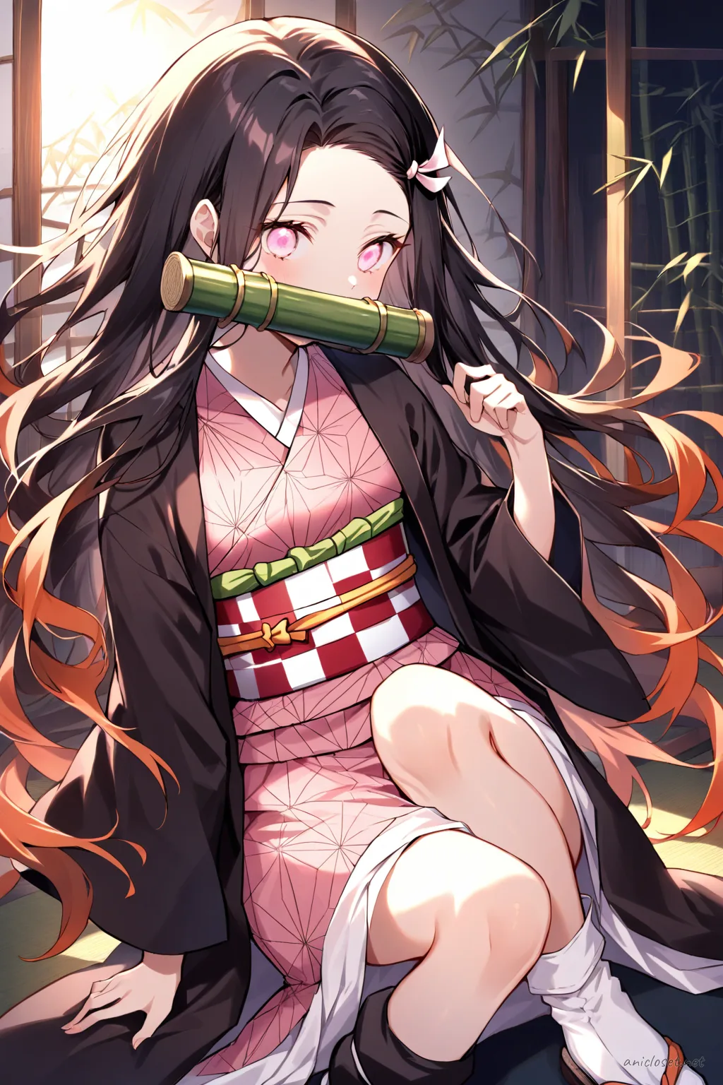 Knee-up half-body illustration of Nezuko Kamado wearing a pink kimono, checkered haori coat, and cloak layer, with bamboo gag and traditional footwear under soft studio lighting