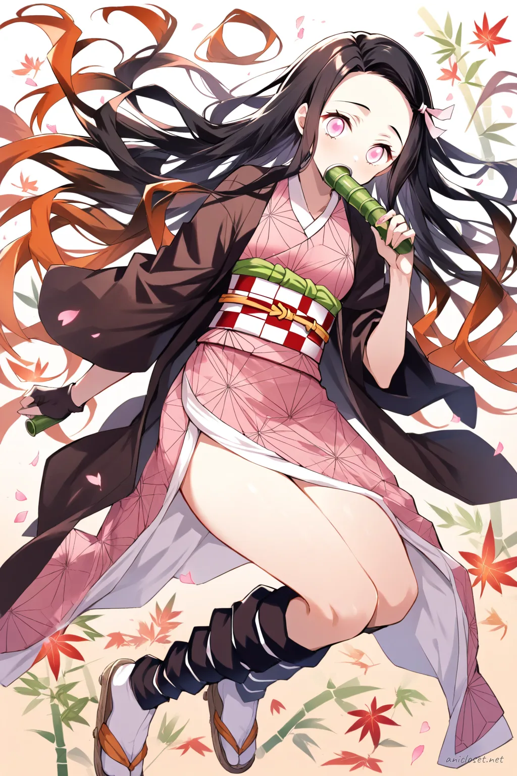 Full-body three-quarter view of Nezuko Kamado in pink kimono with geometric hemp leaf pattern, dark brown haori, fingerless gloves, and bamboo mouthpiece against simple studio background