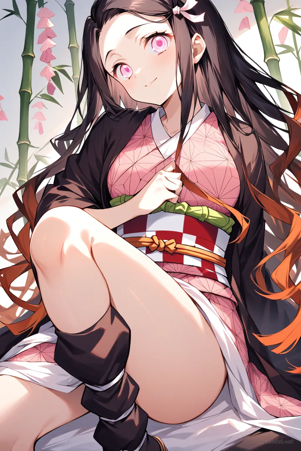 Knee-up half-body illustration of Nezuko Kamado wearing a pink geometric pattern kimono with light green obi and floral hairpin, soft studio lighting