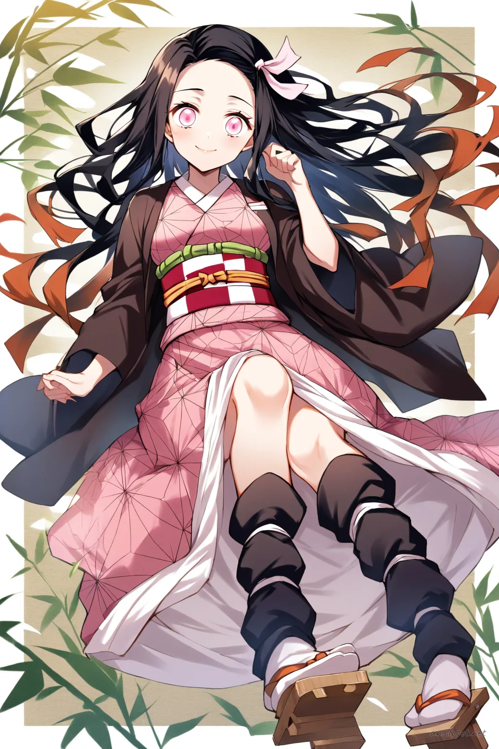 Full-body three-quarter view of Nezuko Kamado in pink hemp leaf kimono and dark brown battle-worn haori, wearing fingerless gloves and bamboo gag strap