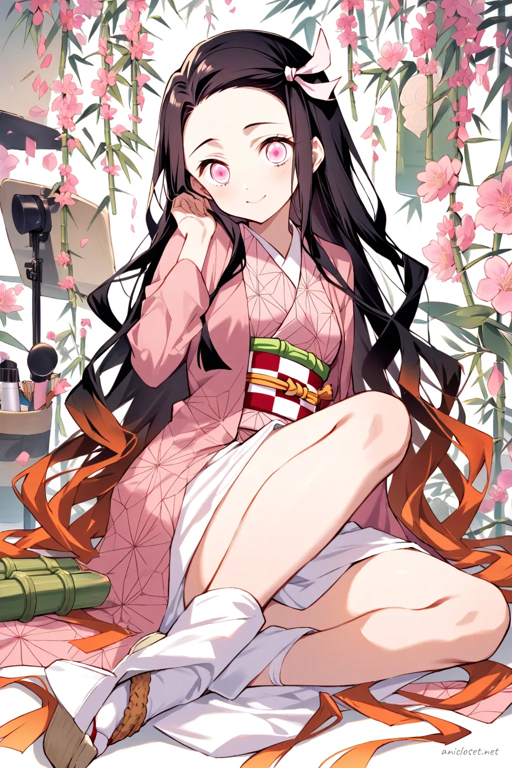Full-body illustration of Nezuko Kamado in a pink floral haori and light beige casual kimono with pastel green obi belt, standing against a clean studio backdrop