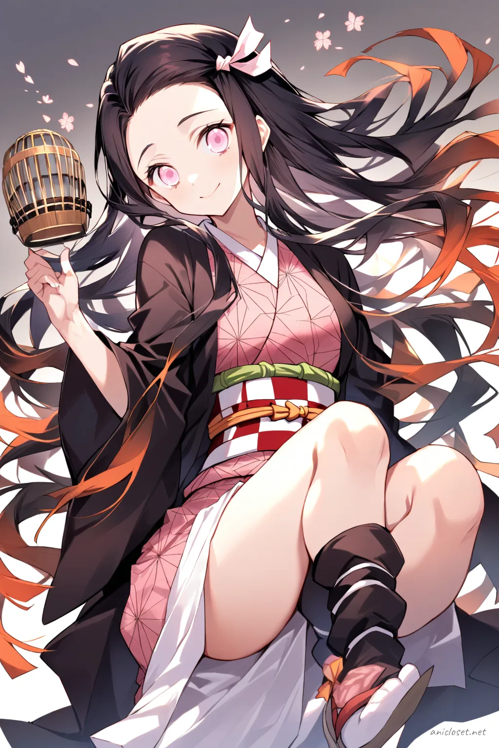 Half-body illustration of Nezuko Kamado wearing a pink kimono with hemp leaf pattern, dark red obi, black haori with floral embroidery, white tabi socks, zori sandals, and bamboo muzzle under soft studio lighting
