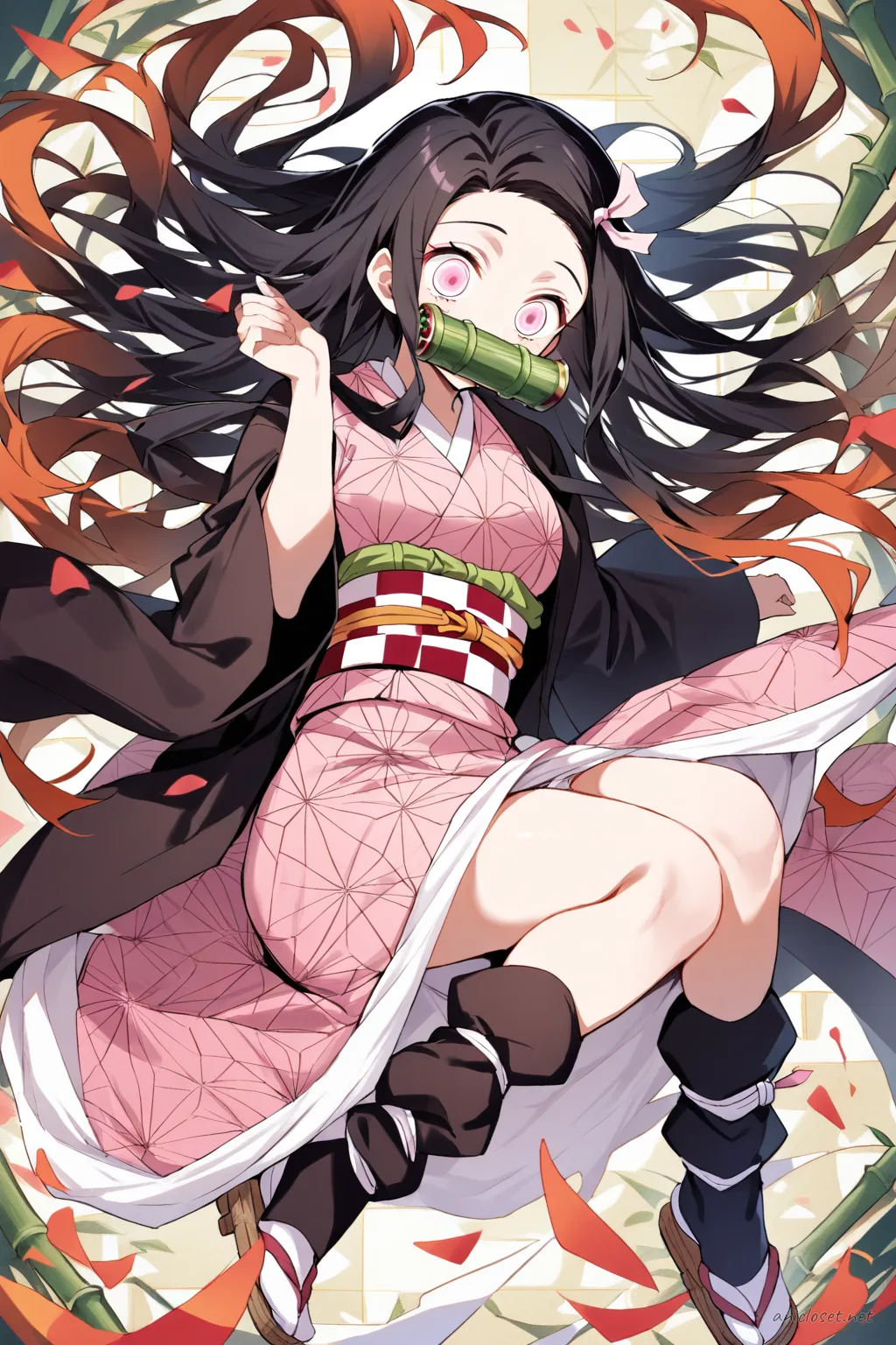 Full-body illustration of Nezuko Kamado in a pink kimono with geometric patterns, long flowing sleeves, obi belt, haori jacket fluttering, tabi socks, zori sandals, and bamboo mouthpiece, standing against a clean studio backdrop