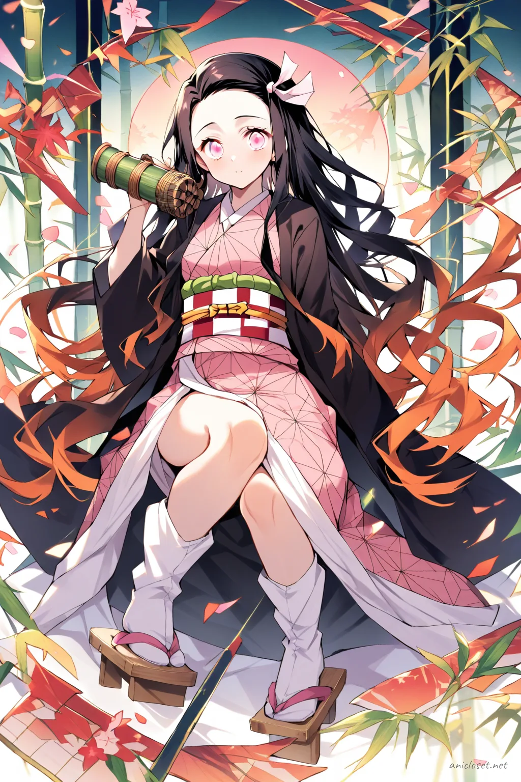 Full-body illustration of Nezuko Kamado in a pink kimono with hemp leaf pattern, green obi sash, white haori, white tabi socks, wooden geta sandals, and bamboo muzzle accessory, seated in a fashion-plate pose against a clean studio backdrop.