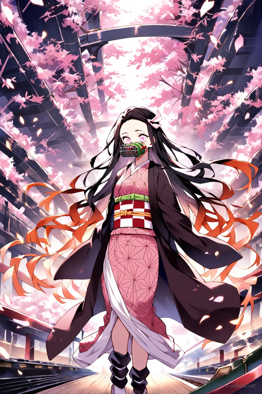 Illustration of Nezuko Kamado in her iconic pink kimono and checkered obi, back three-quarter pose looking over shoulder with magical sparkles
