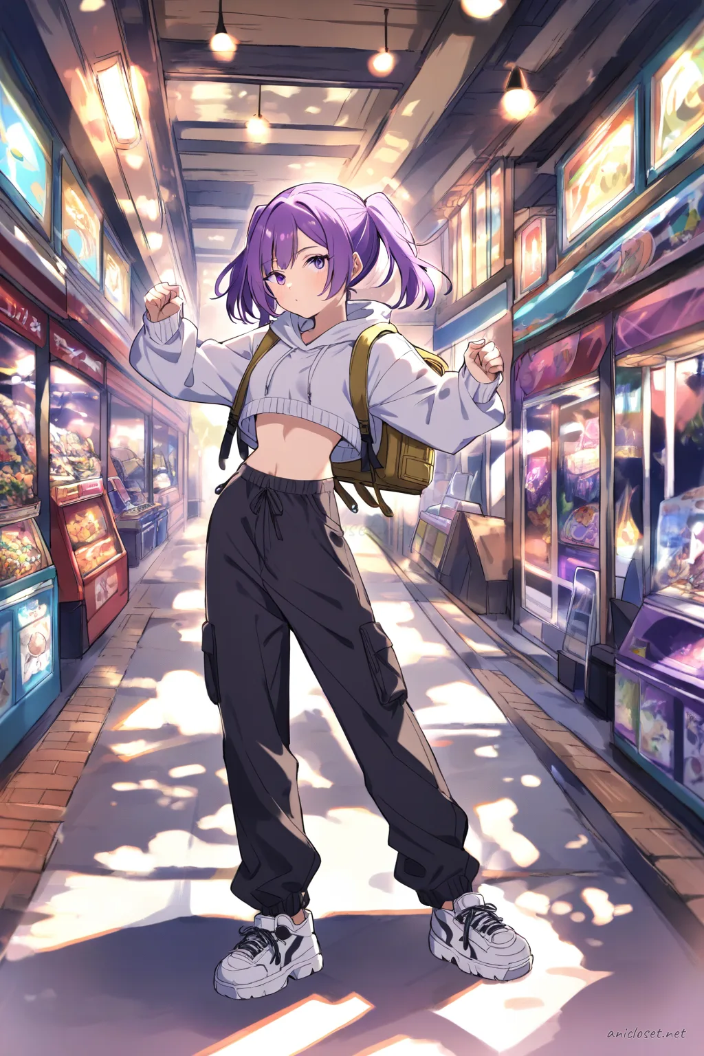 Full body three-quarter view of Uvelle wearing cropped sweater, cargo pants, chunky sneakers, and tiny backpack in covered shopping arcade