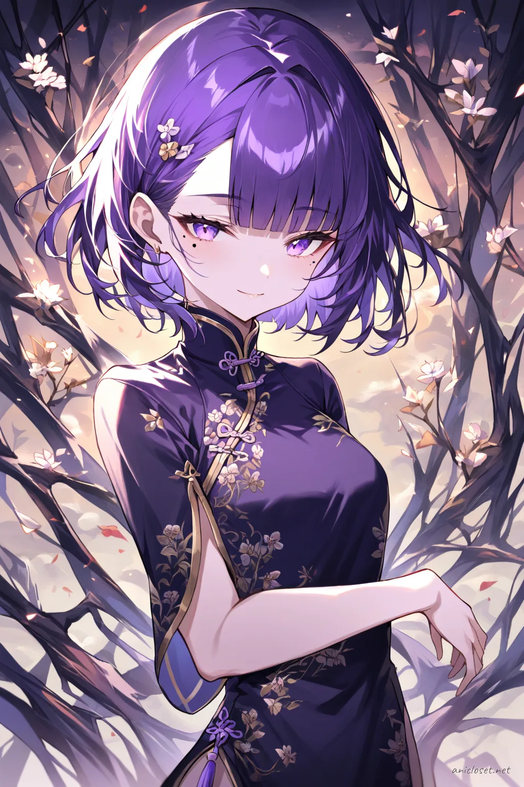 Illustration of Uvelle wearing a navy sleeveless cheongsam with subtle floral embroidery and side slits paired with black ballet flats