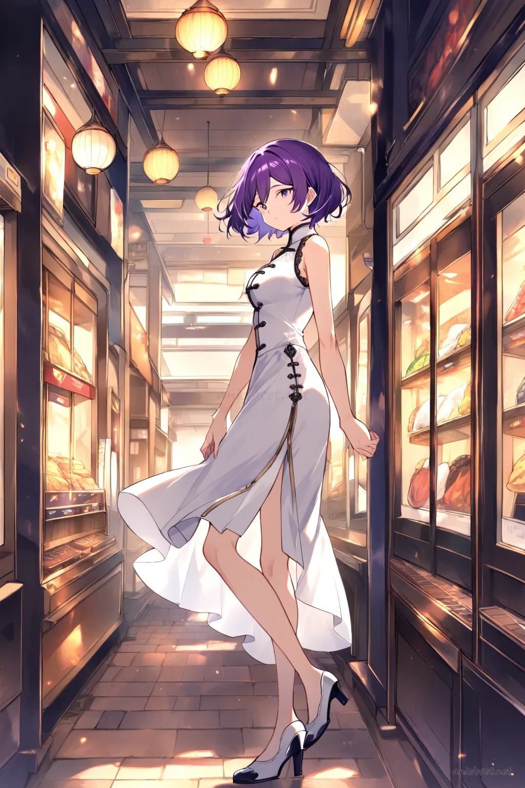 Full body three-quarter view illustration of Uvelle wearing a white silk qipao with lace trim, frog buttons, slit skirt, and kitten heels