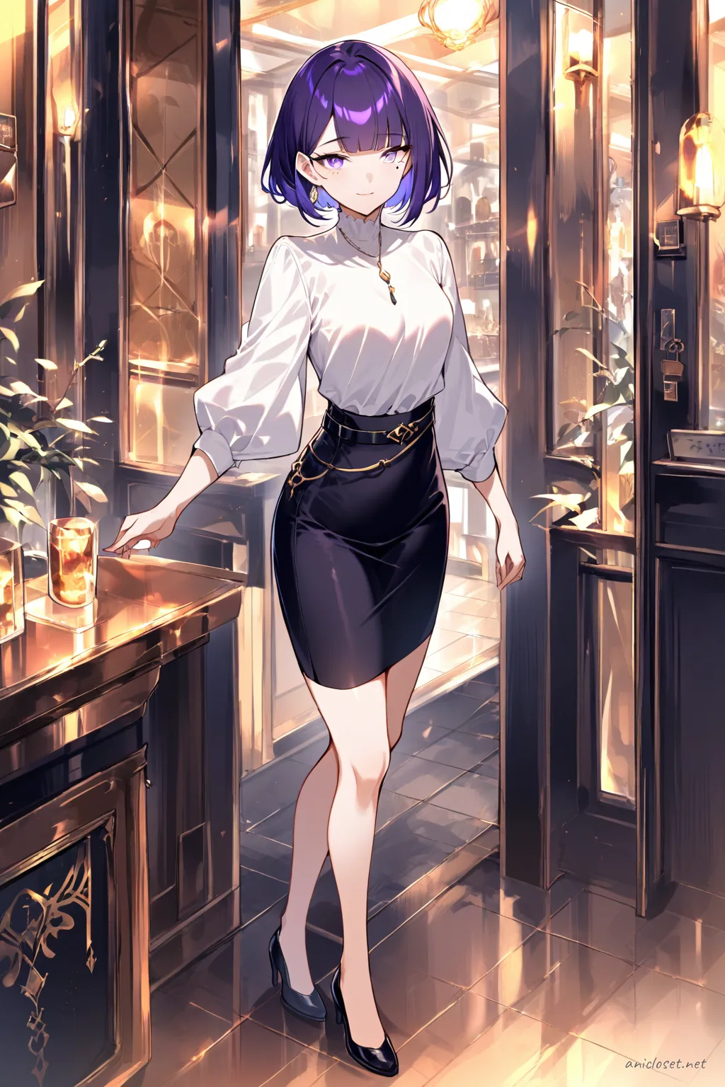 Illustration of Uvelle in a navy wrap blouse and knee-length pencil skirt leaning on balcony railing with wind in hair