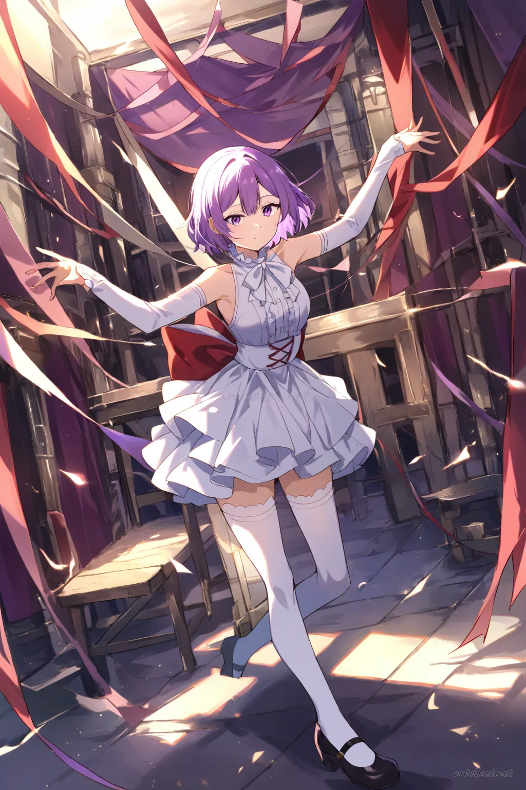 Illustration of Uvelle wearing a frilly idol mini dress with layered skirt, stage bow, white thighhigh socks with ribbon tops, and mary janes