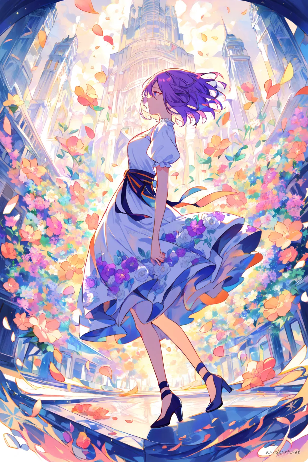 Full body profile of Uvelle wearing a flower motif idol dress with petal layered skirt and ankle strap heels