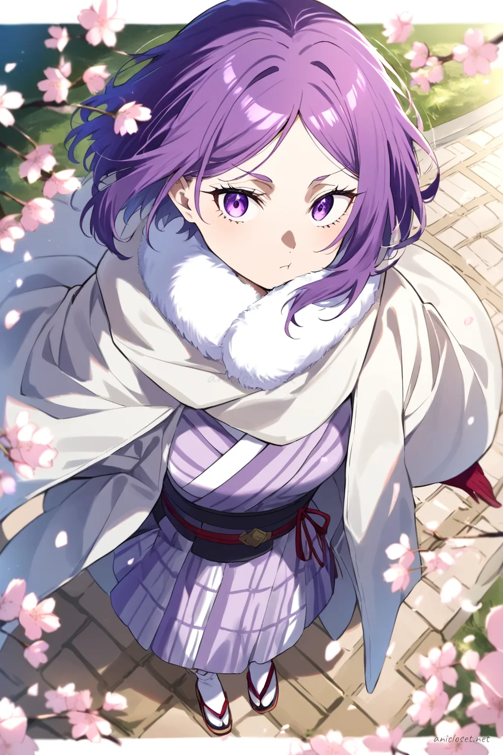 Illustration of Uvelle wearing a layered winter kimono with haori coat, muffler scarf, fur collar, tabi socks, and zori sandals