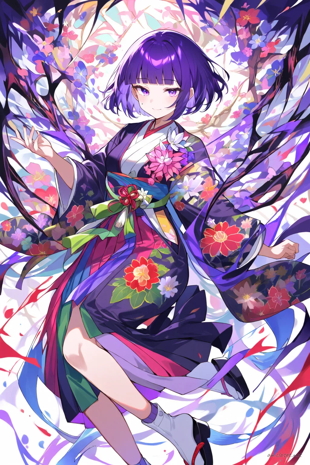 Illustration of Uvelle in a colorful graduation hakama set over floral kimono with flower corsage, front cowboy shot