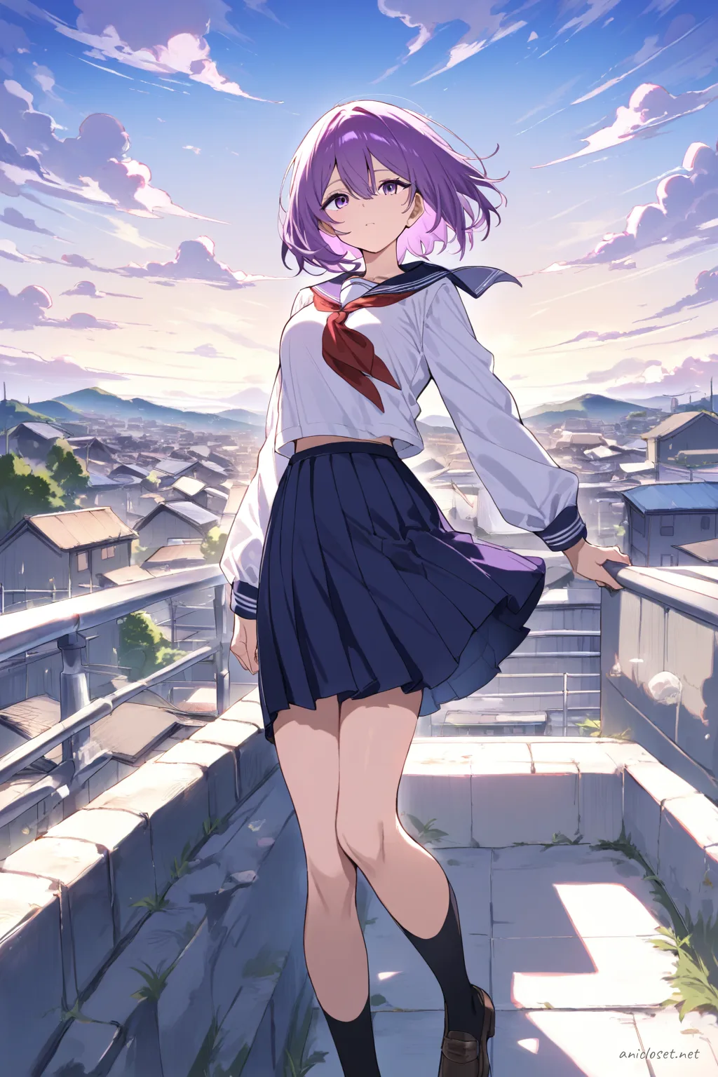 Illustration of Uvelle in navy sailor collar blouse, red neckerchief, and pleated skirt in a cowboy shot
