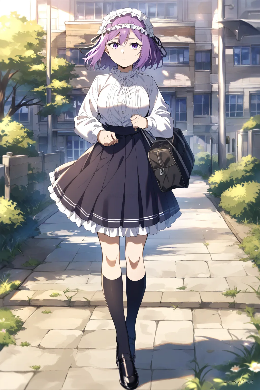 Full body front view of Uvelle in school outfit with white blouse, black maid apron, pleated skirt, knee-high socks, Mary Jane shoes, and frilled headband