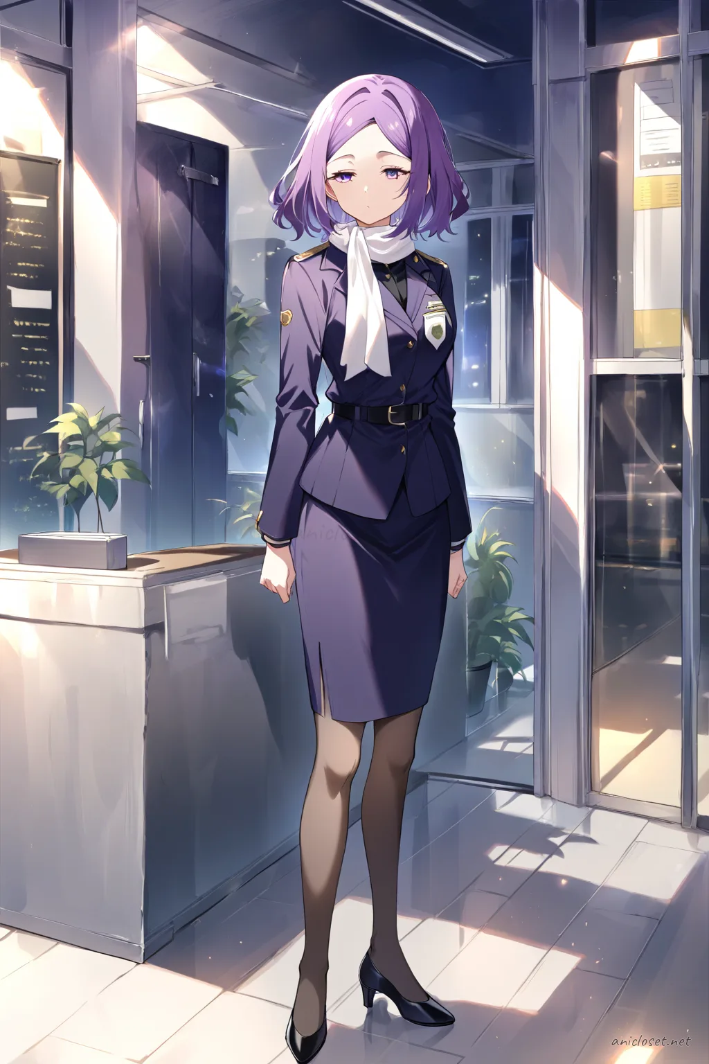 Illustration of Uvelle in a full body three-quarter view wearing a tailored jacket, neck scarf, pencil skirt, sheer tights, and pumps