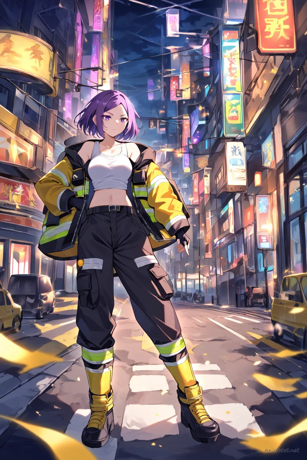 Full body illustration of Uvelle wearing an open firefighter turnout jacket over a fitted tank top, cargo shorts, boots, and holding a firefighter helmet under arm