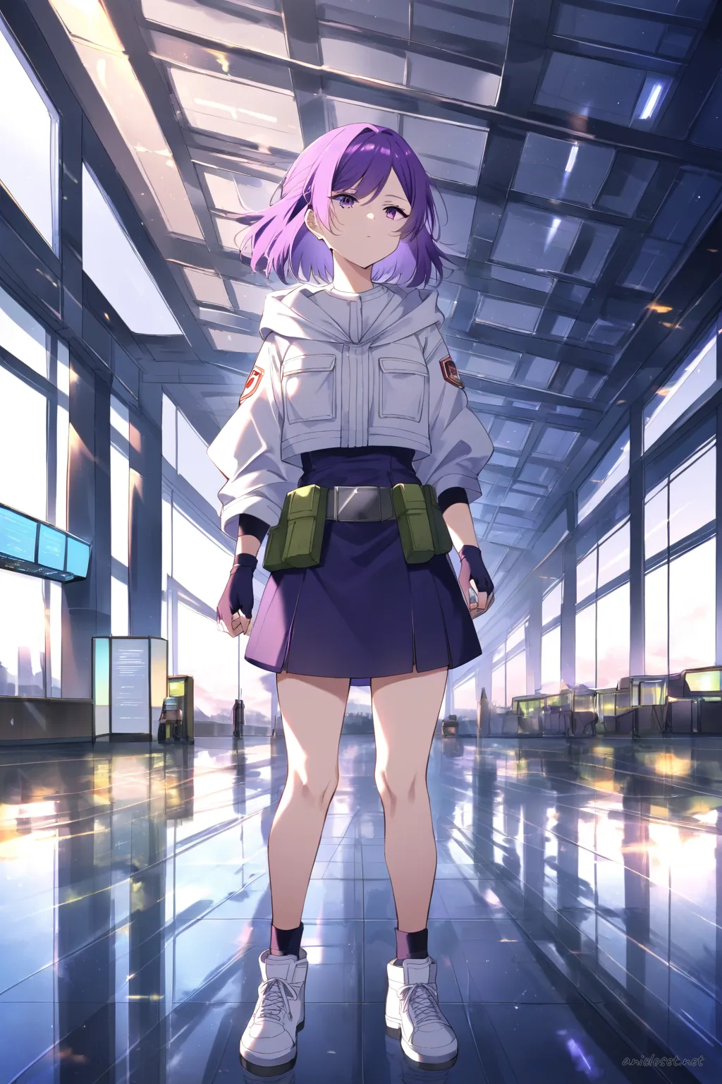 Full body front view of Uvelle wearing a paramedic uniform with fitted jacket, reflective stripes, short cargo skirt, utility belt, fingerless gloves, and white sneakers