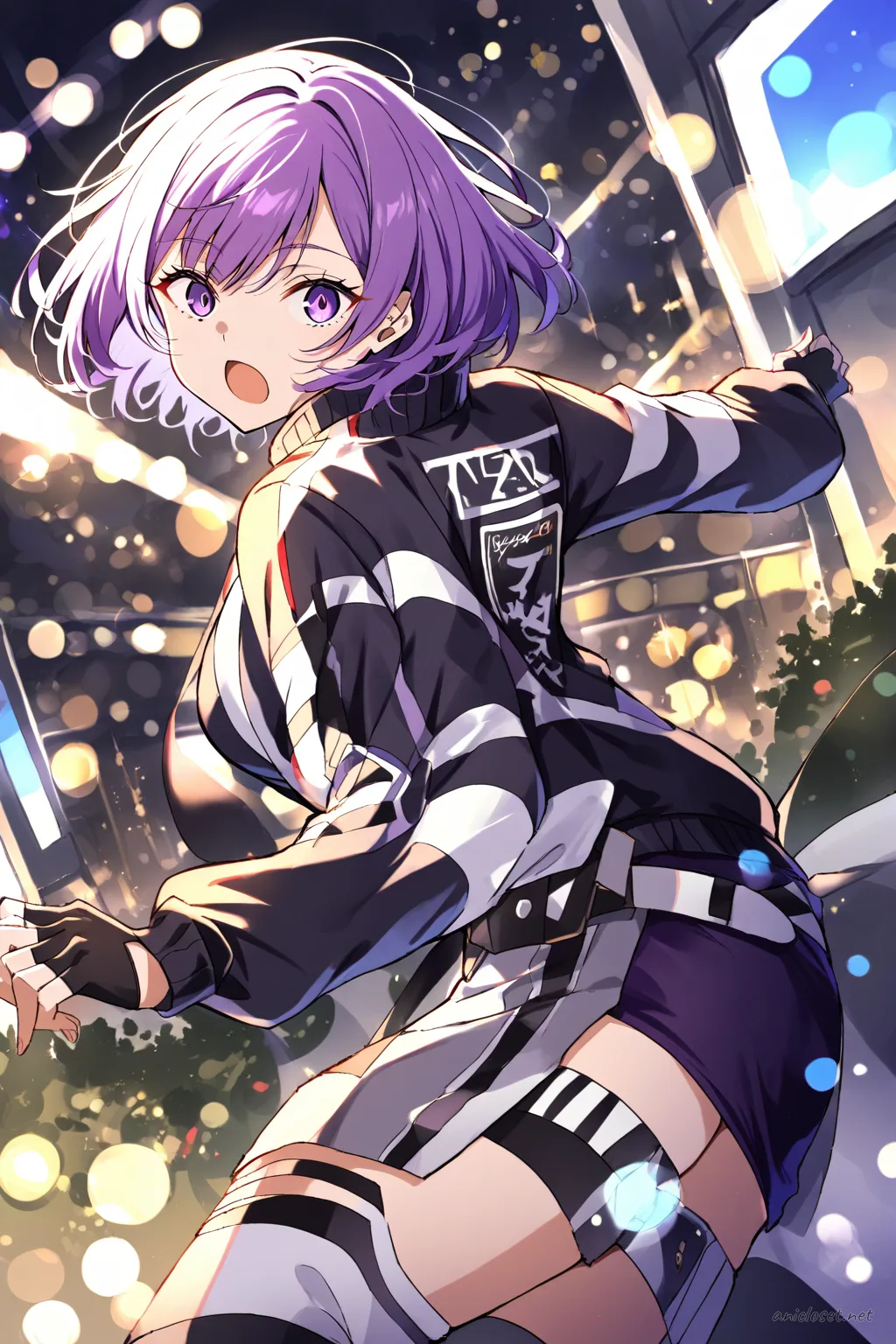 Illustration of Uvelle wearing a tight racing jacket, short mini skirt, thigh-high boots, and fingerless gloves with sponsor-style patches