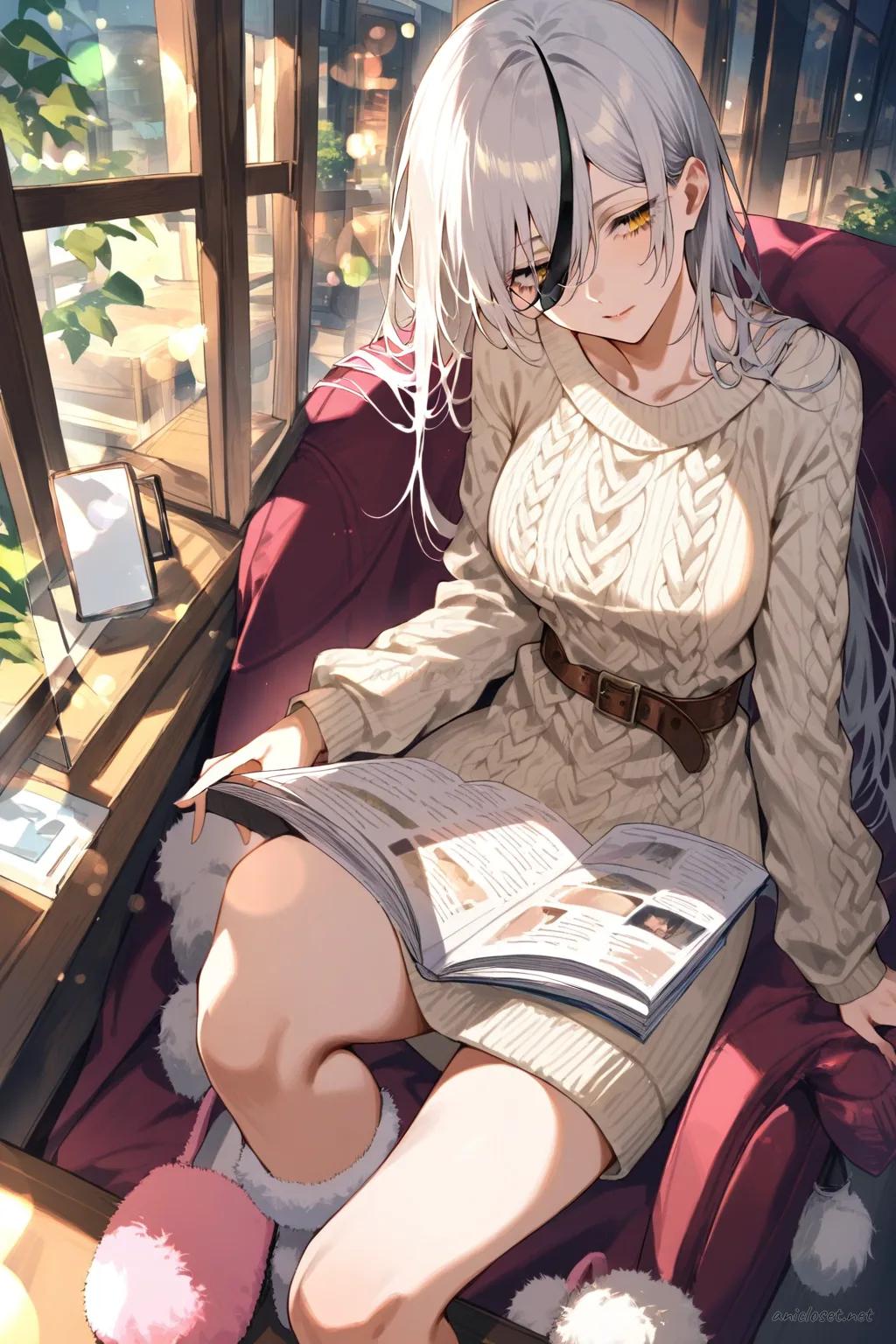 Quanxi curling on sofa wearing cream cable knit sweater dress with brown belt, fuzzy knee socks, pink house slippers, holding open magazine with throw blanket