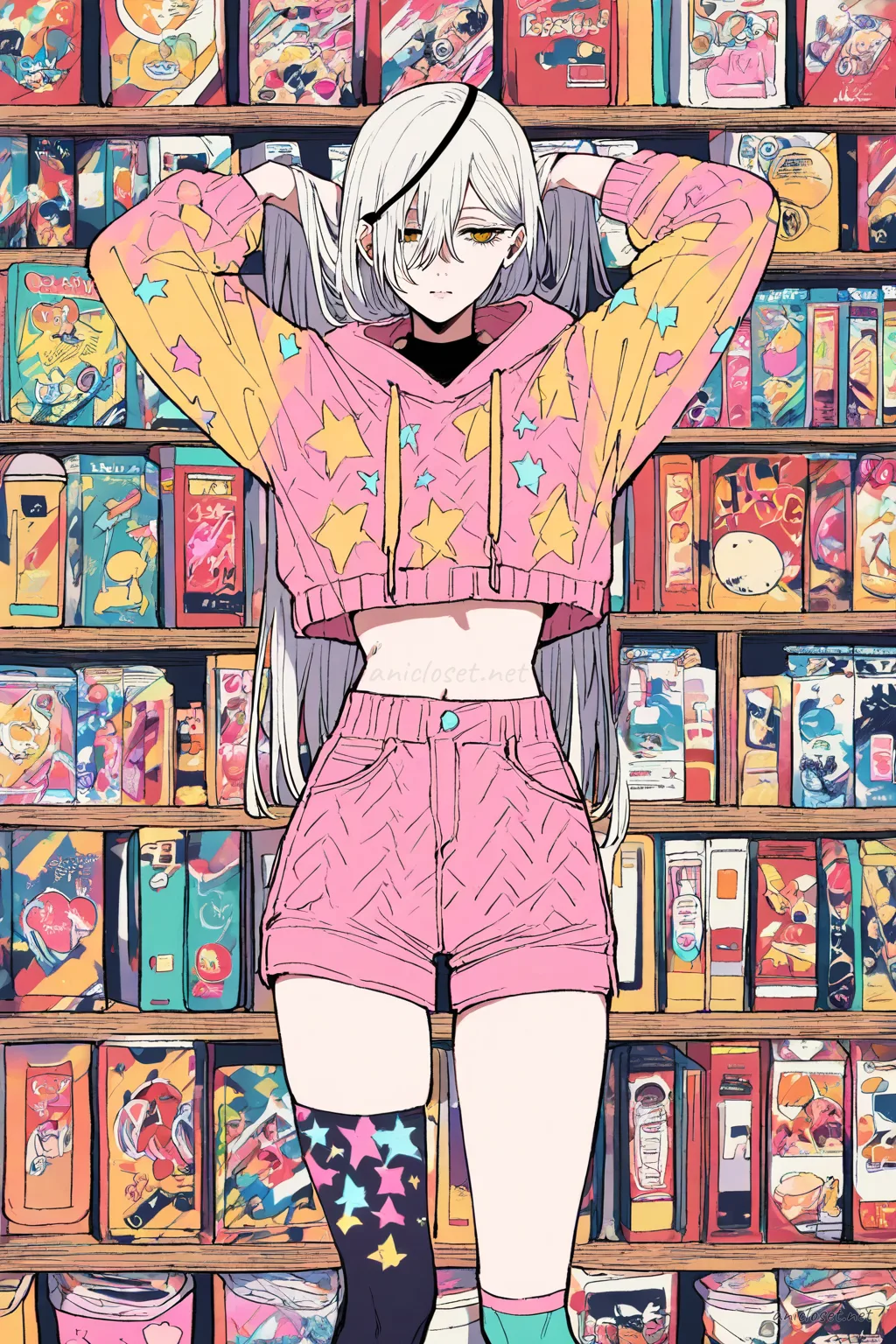 Illustration of Quanxi in a pastel star print cropped hoodie and pastel pink short shorts, wearing mismatched knee socks, holding a game controller while seated on a bedroom carpet with a snack bag nearby