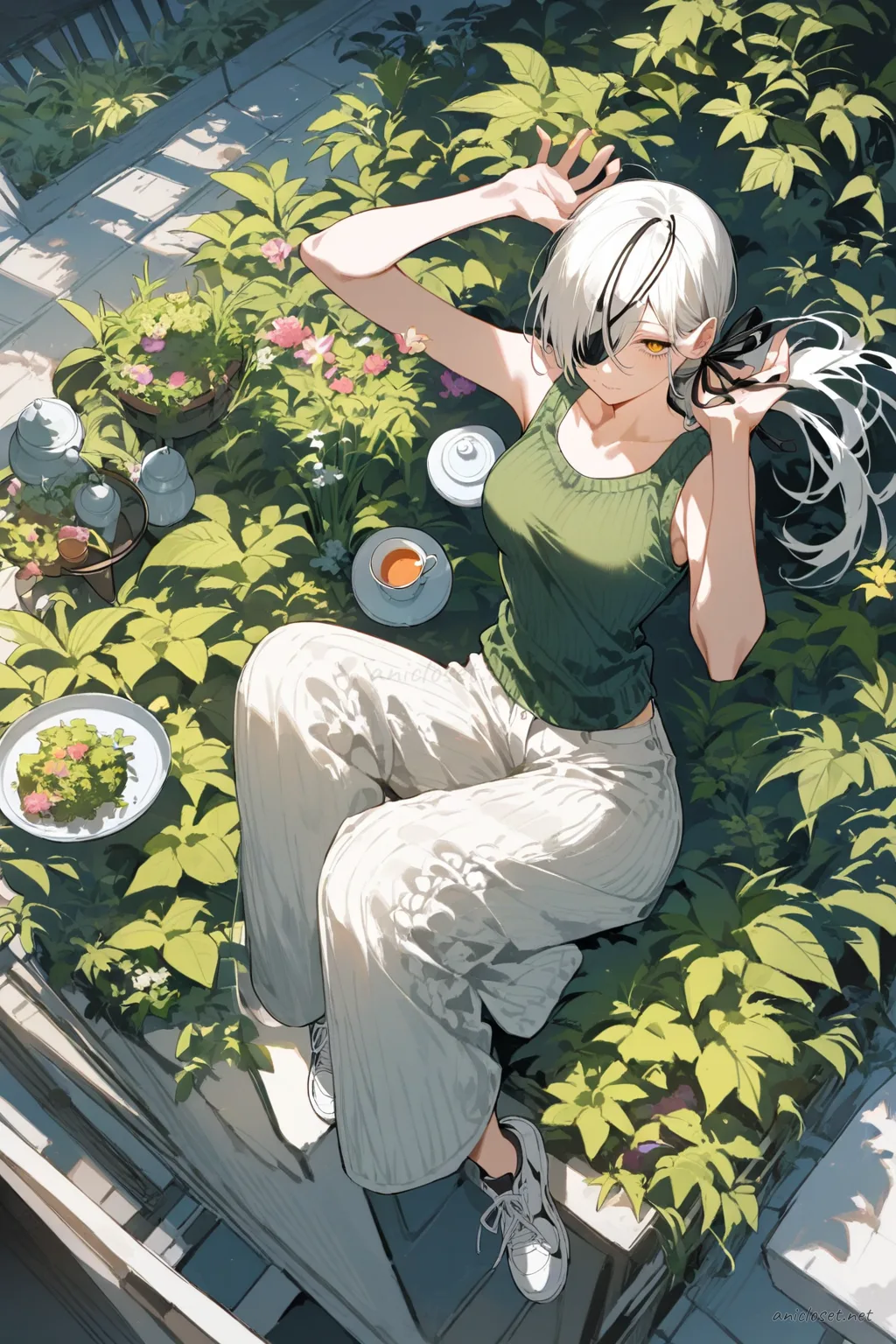 Quanxi seated cross-legged on floor cushion wearing soft knit tank top, short buttoned cardigan, wide pastel pants, and hair ribbon, with tea tray and indoor plants
