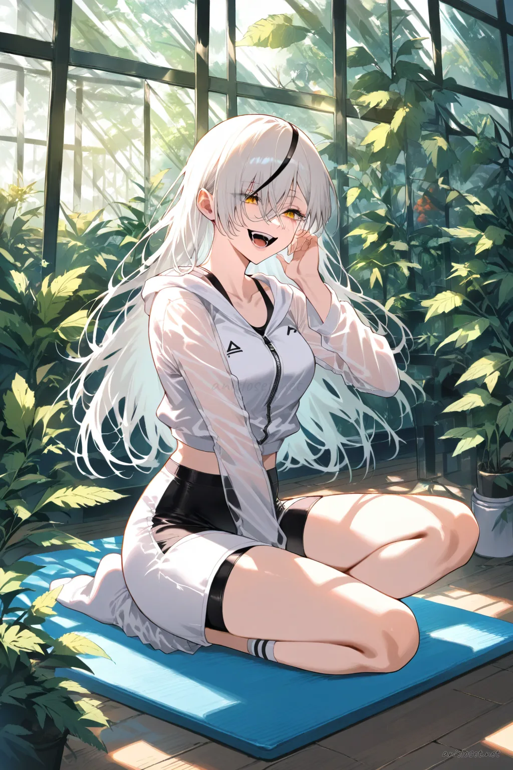 Illustration of Quanxi standing full body wearing a pastel pink zip hoodie half-open over black sport bra, matte spandex bike shorts, white ankle socks, on a yoga mat in a tidy living room