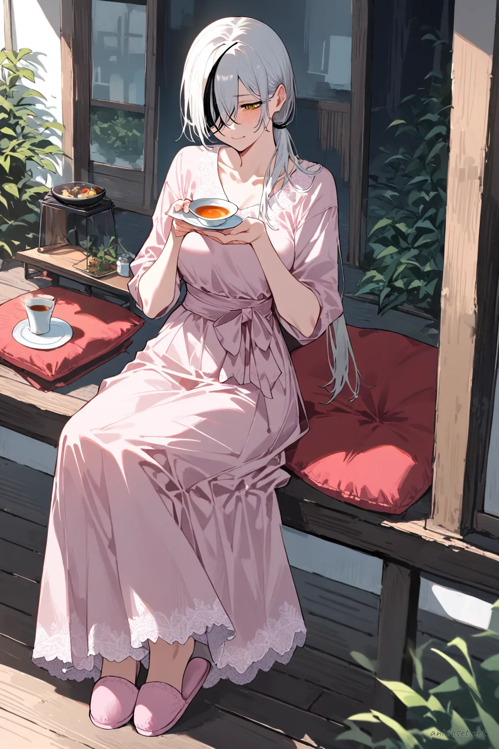 Full-body three-quarter view of Quanxi wearing a soft pink satin slip dress with ribbon waist belt and lace trim hem, fluffy pink slippers, holding a tea tray in a bedroom with hanging clothes and string lights