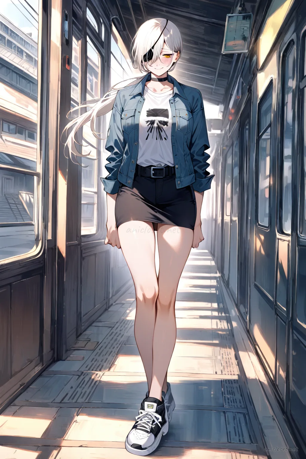 Quanxi wearing a washed denim jacket, graphic tee, black mini skirt, and chunky sneakers standing at a city crosswalk