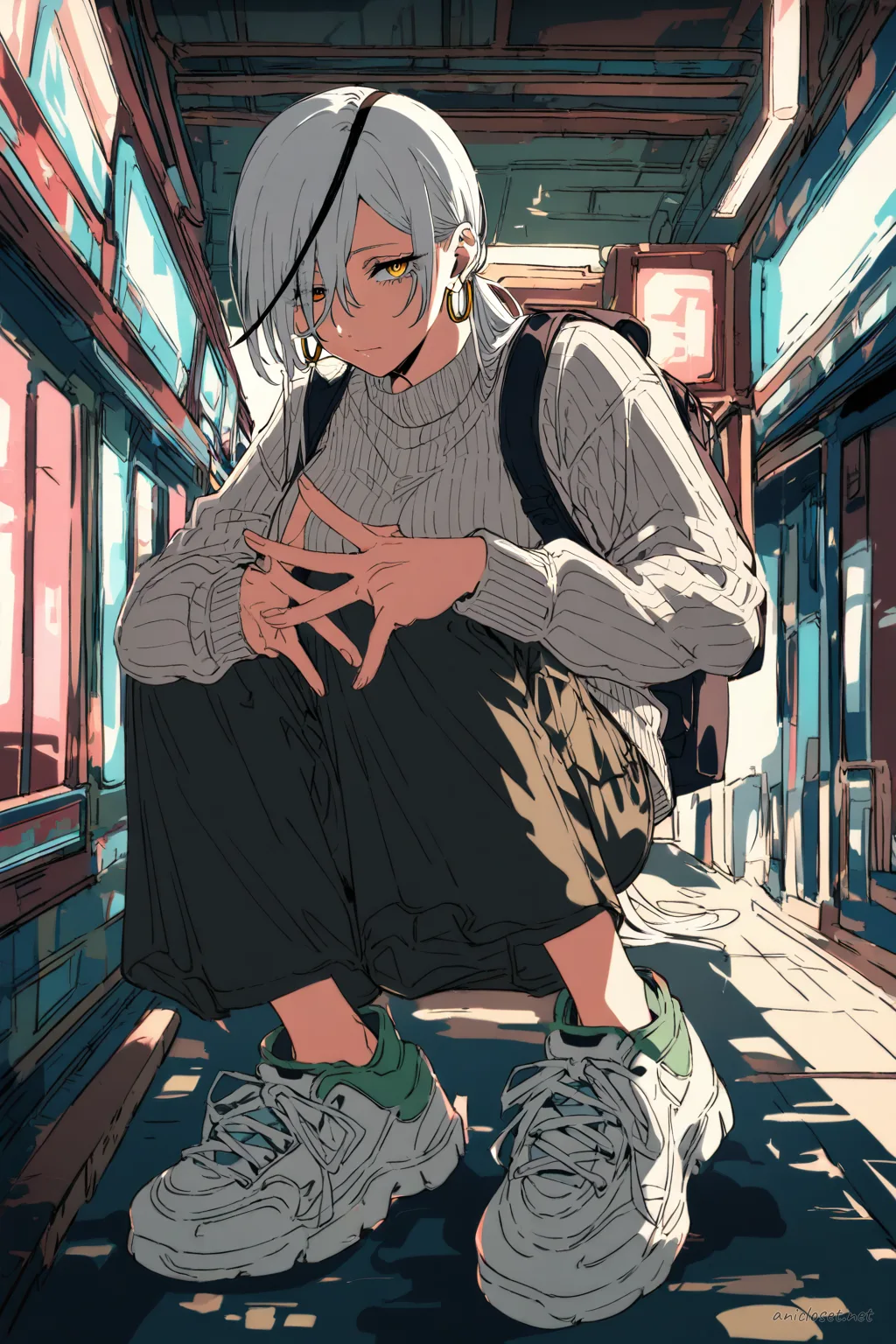 Quanxi wearing a cropped sweater and cargo pants, looking back over shoulder in a covered shopping arcade with soft daylight