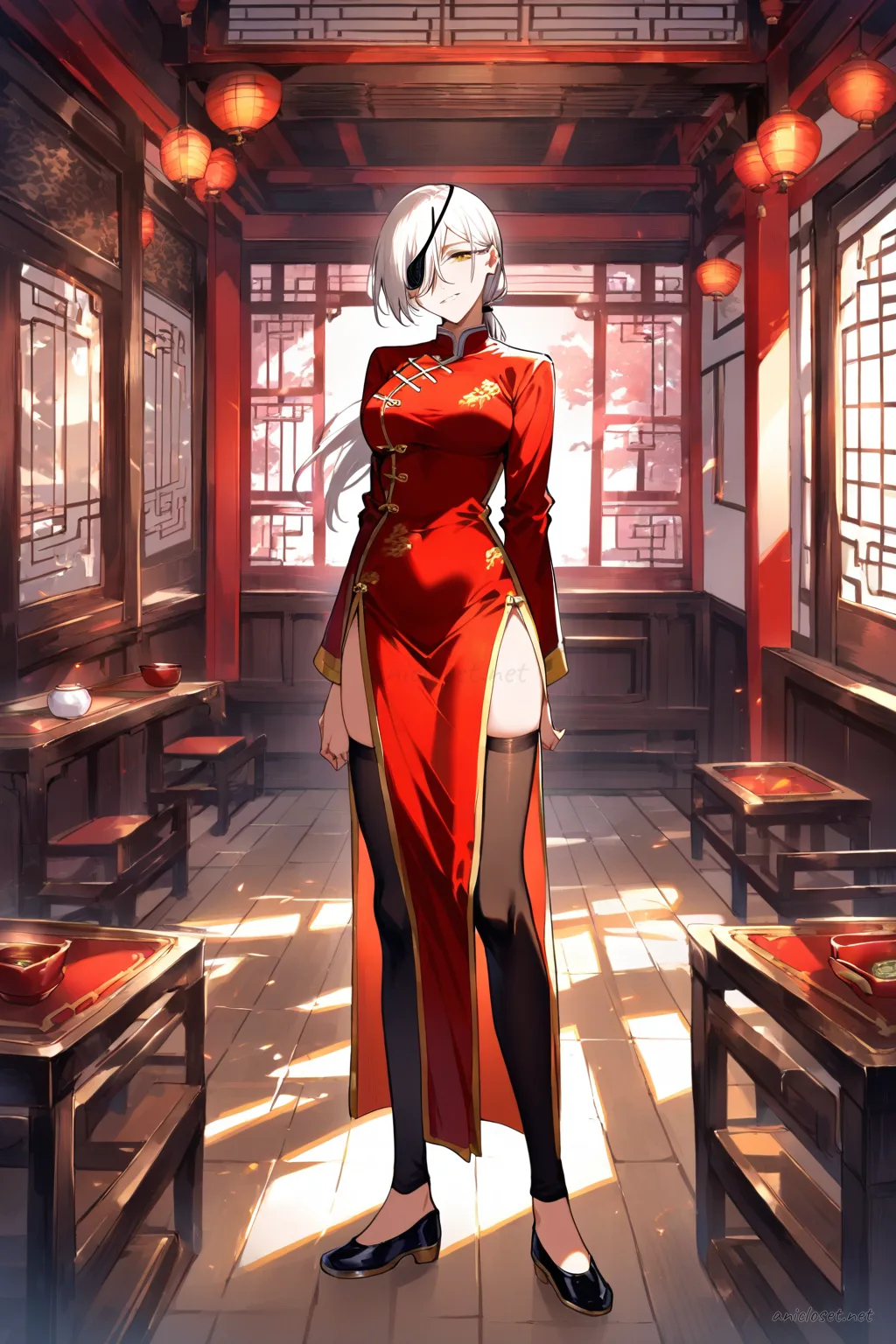 Full body front view of Quanxi wearing a classic red qipao with gold trim, frog buttons, modest hem, and black flats