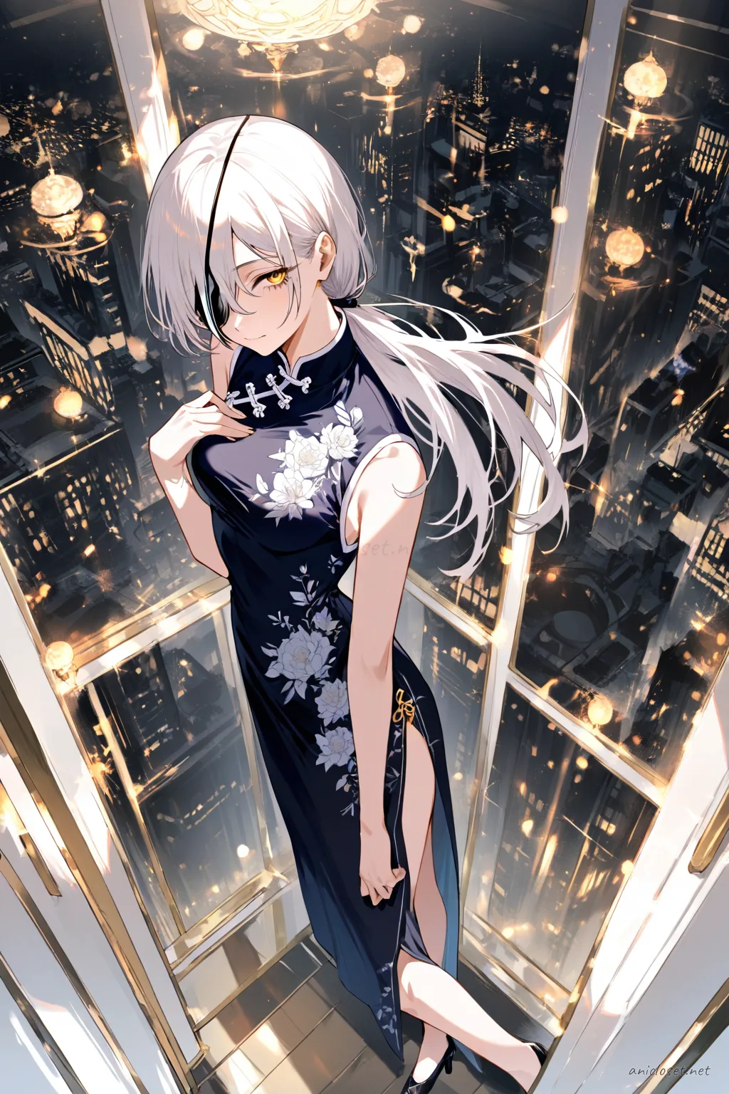 Illustration of Quanxi wearing a navy cheongsam with subtle floral embroidery and side slits