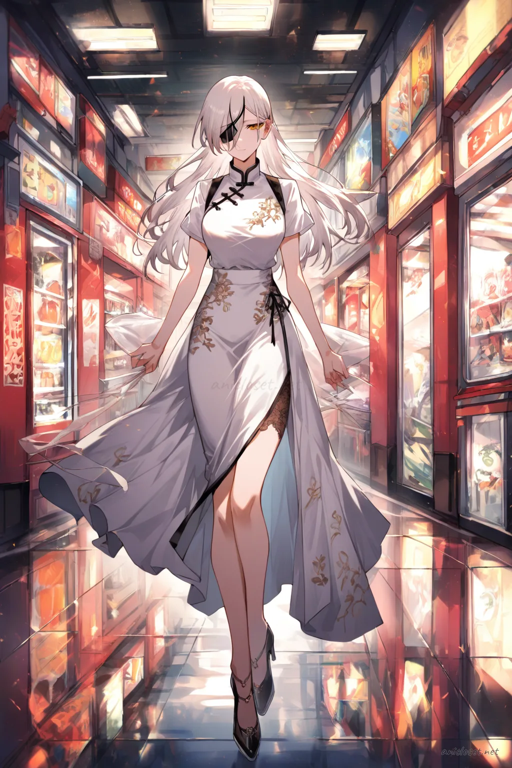 Illustration of Quanxi wearing a white silk qipao with soft lace trim and delicate frog buttons, paired with a slit skirt and high heels
