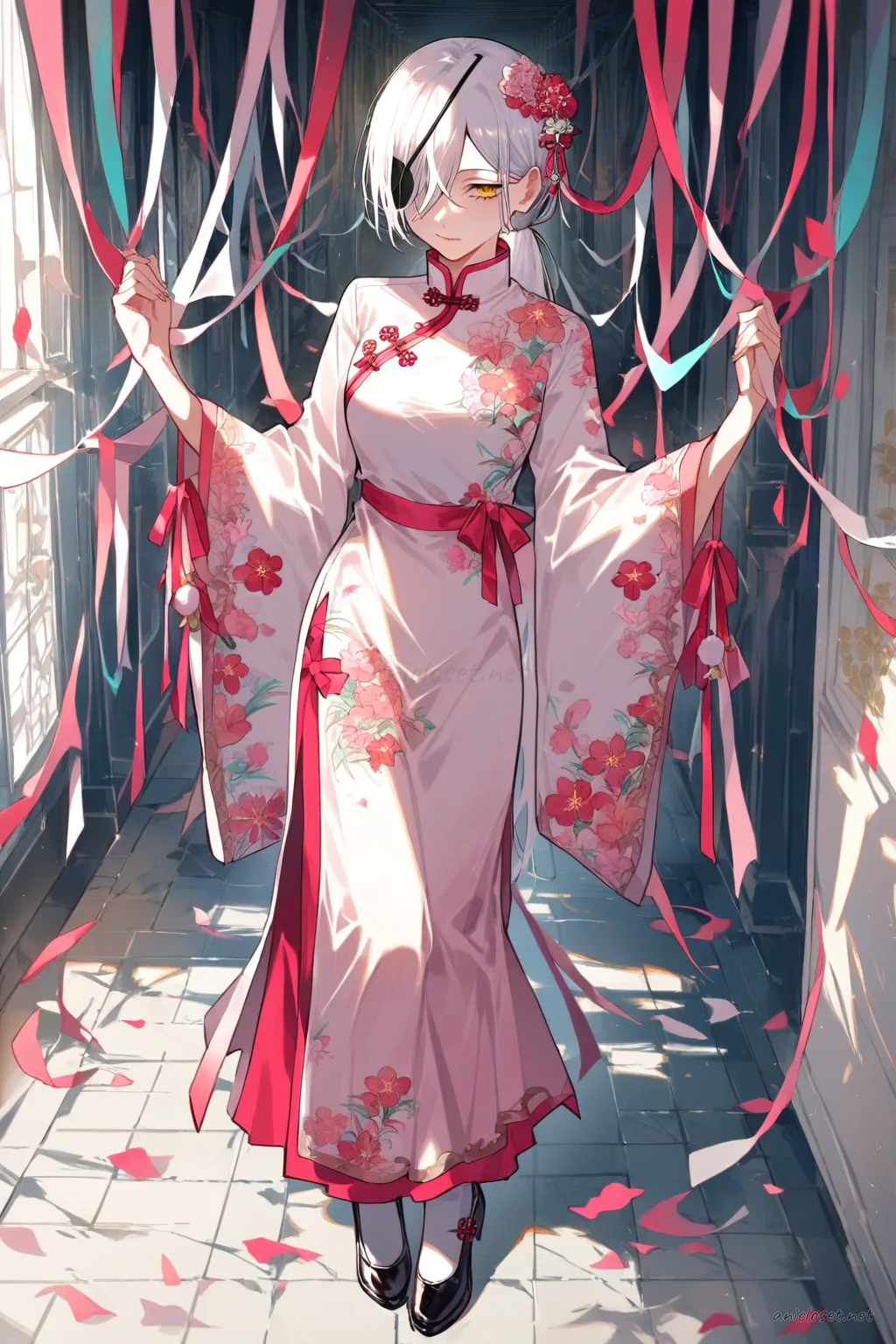 Full-body three-quarter view of Quanxi wearing a pastel pink qipao with mandarin collar, floral embroidery, side slit, sheer lace trim, satin ribbon hair accessory, and mary jane shoes