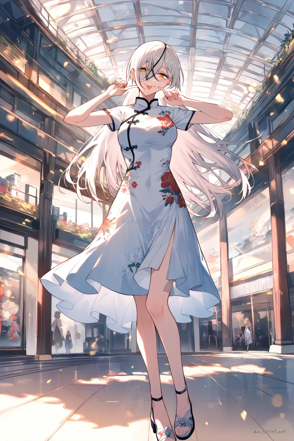 Full-body three-quarter view of Quanxi in short-sleeve qipao with floral embroidery, airy flared hem, side slits, and ankle-strap sandals