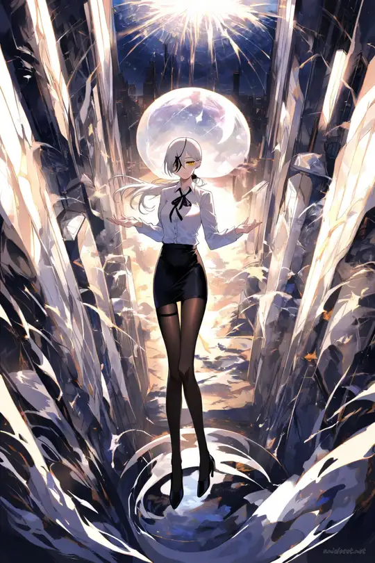 Illustration of Quanxi in a black slim pencil skirt, white blouse with ribbon tie, sheer black tights, and black pumps, crossing arms in a modern lobby