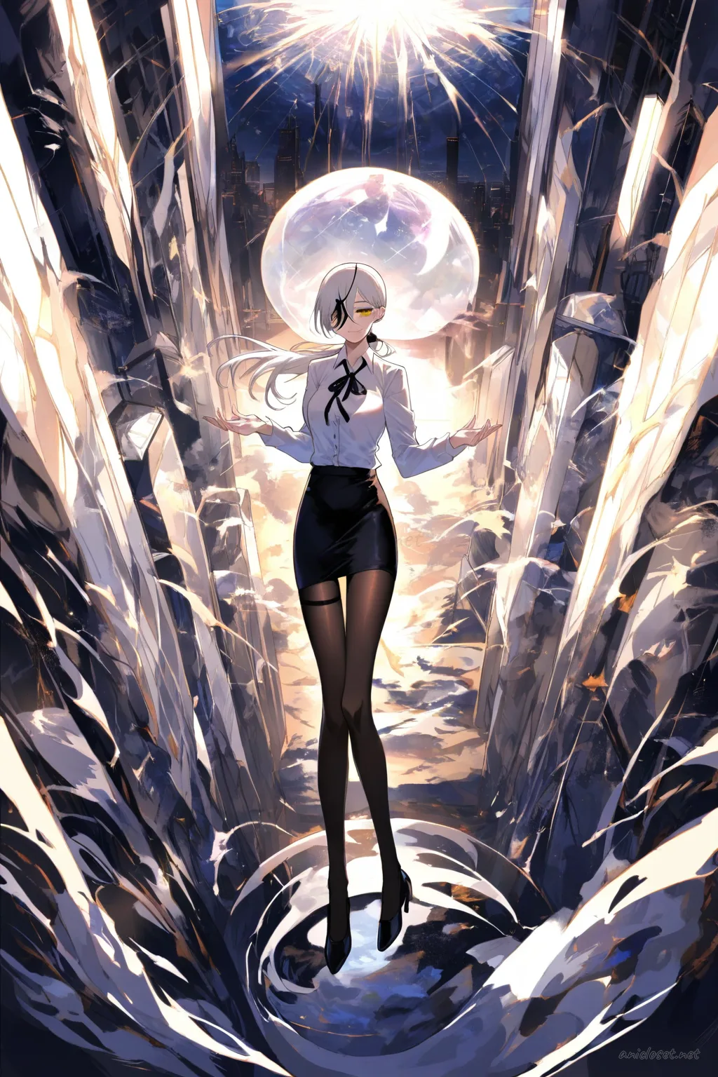 Illustration of Quanxi in a black slim pencil skirt, white blouse with ribbon tie, sheer black tights, and black pumps, crossing arms in a modern lobby