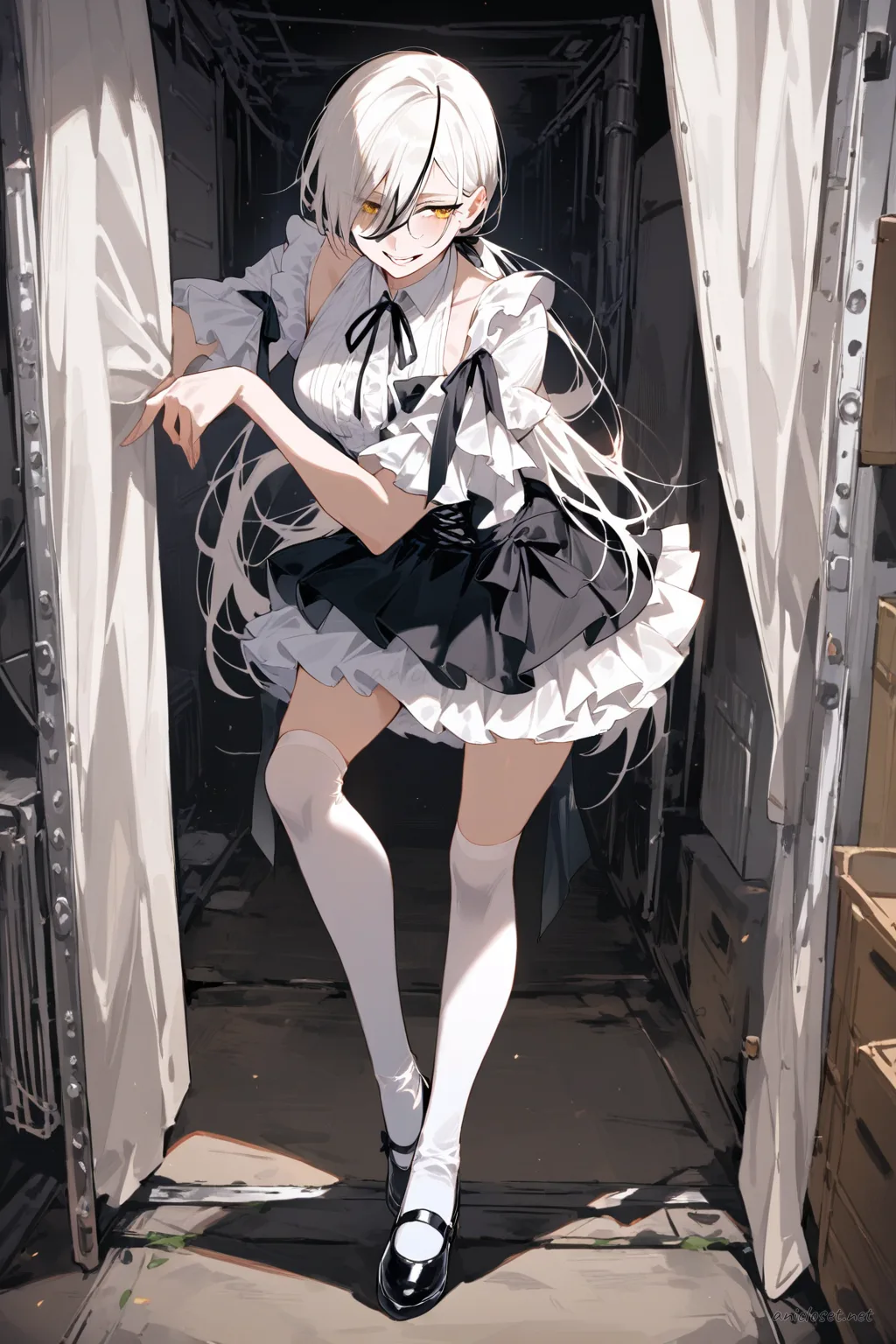 Full-body three-quarter view of Quanxi in a frilly idol mini dress with layered skirt, stage bow, white thighhigh socks with ribbon tops, and mary janes
