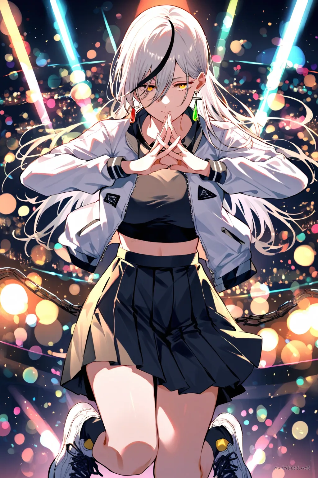Illustration of Quanxi wearing a sporty idol costume with crop top, pleated mini skirt, knee-high socks, sneakers, and holding a microphone