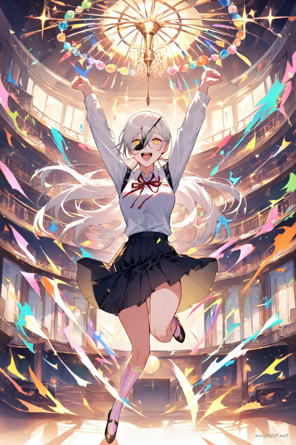 Knee-up half-body illustration of Quanxi wearing pastel twin ribbons, pleated stage skirt, pastel over-the-knee socks, and ballet flats under soft studio lighting