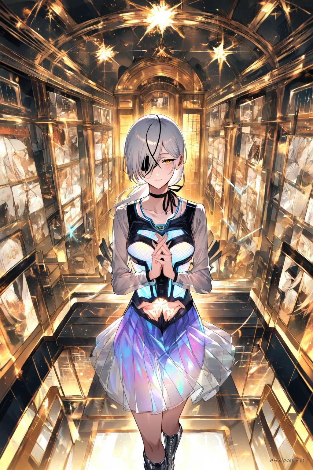Illustration of Quanxi in a futuristic idol costume with glossy panels, holographic skirt, sheer sleeves, neck ribbon, and metallic boots