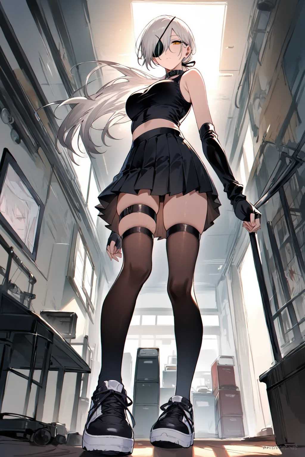 Full body illustration of Quanxi standing in a sparkly crop top, pleated mini skirt, fingerless gloves, thigh-high stockings, platform sneakers, and arm warmers