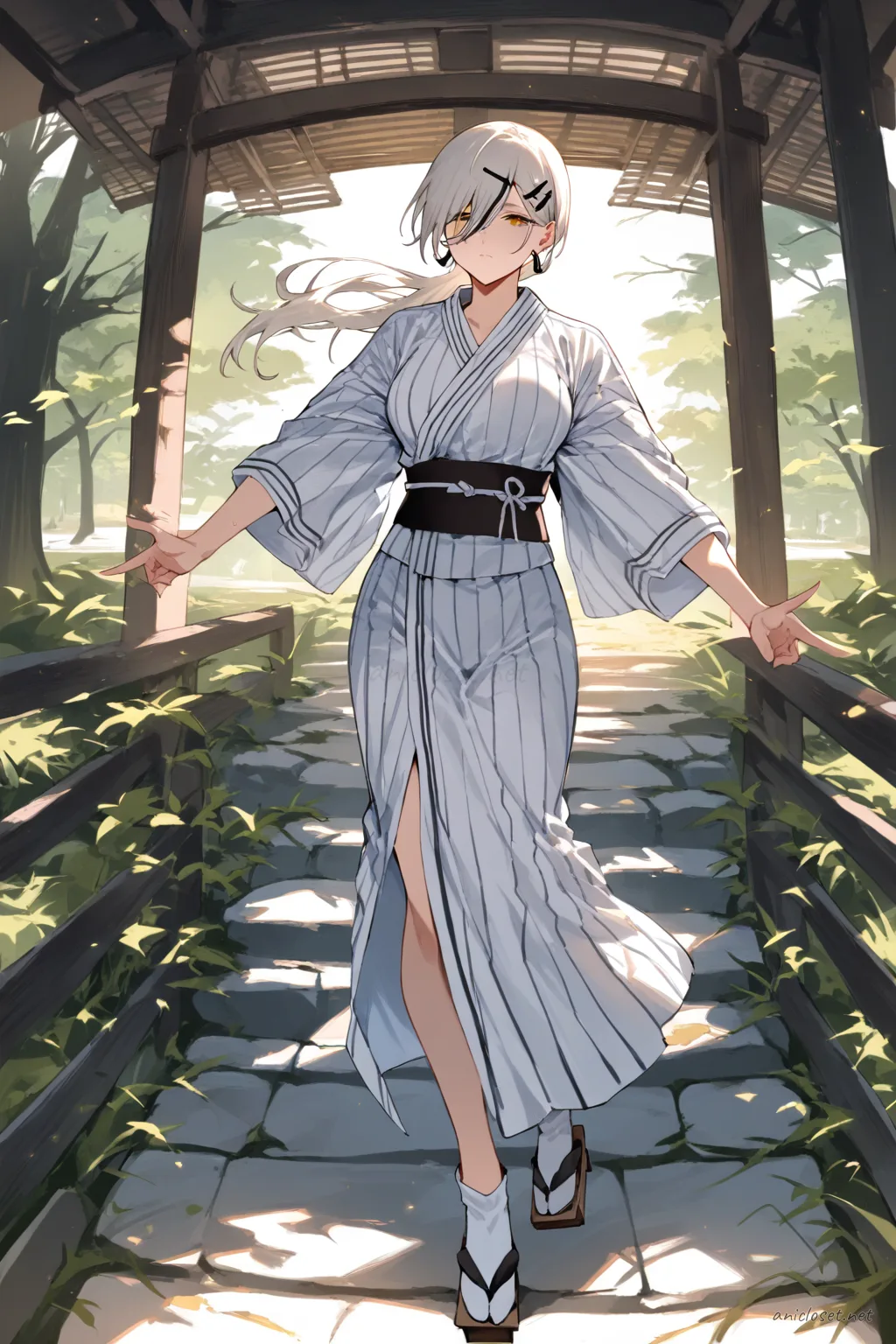 Illustration of Quanxi wearing a summer yukata with simple stripe pattern, obi belt, and geta sandals