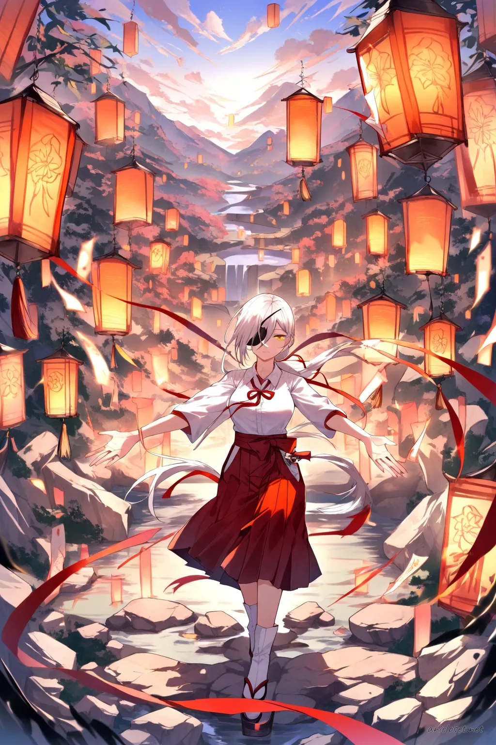 Quanxi in a white kosode and red hakama shrine maiden outfit, front cowboy shot
