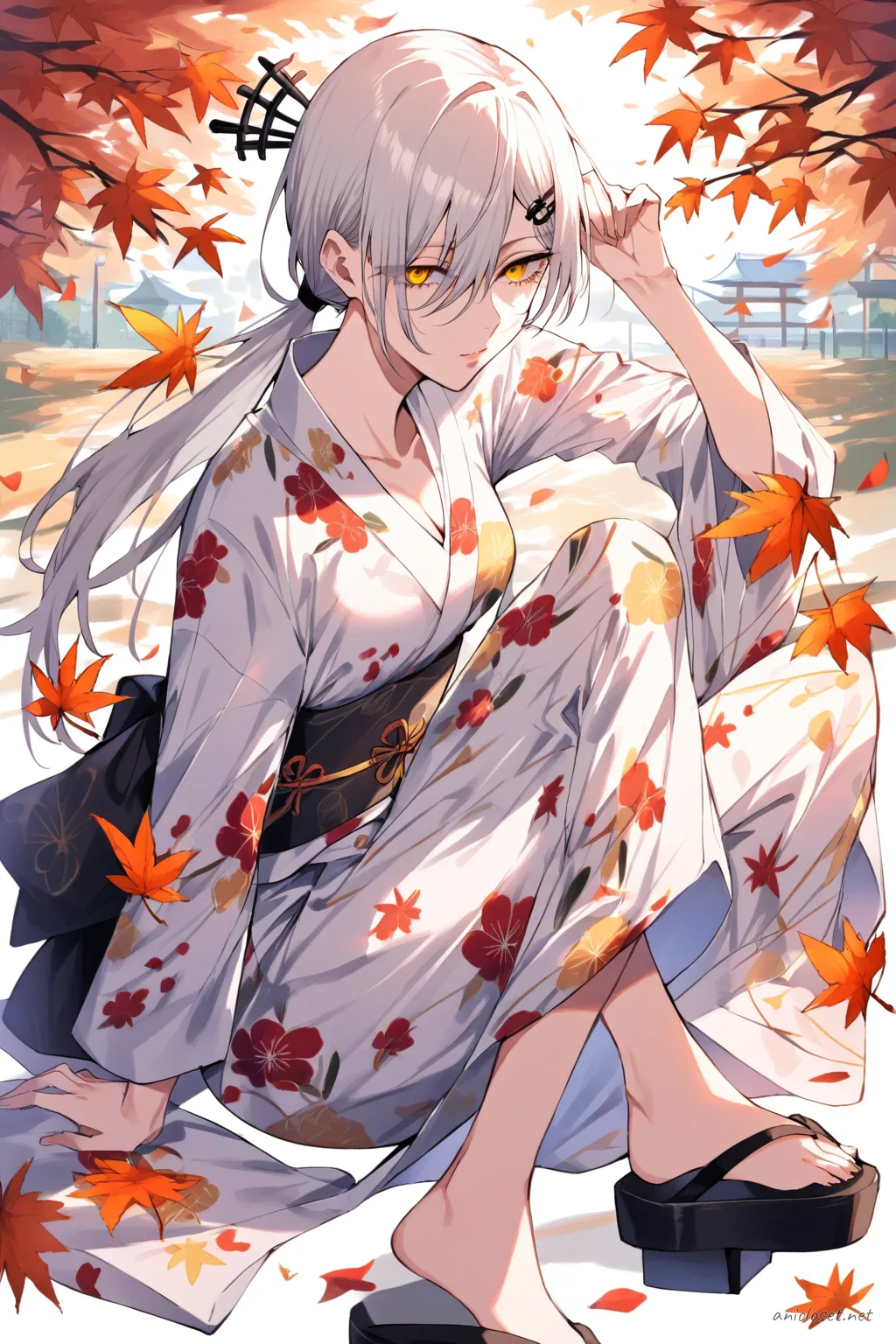 Quanxi standing in bright floral festival yukata with obi sash, geta sandals, holding uchiwa fan and wearing festival hairpin against clean studio backdrop