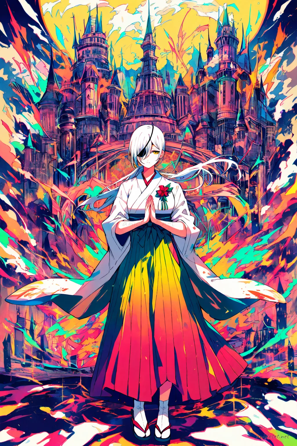 Illustration of Quanxi wearing a colorful hakama over a white kimono with a flower corsage, tabi socks, and zori sandals