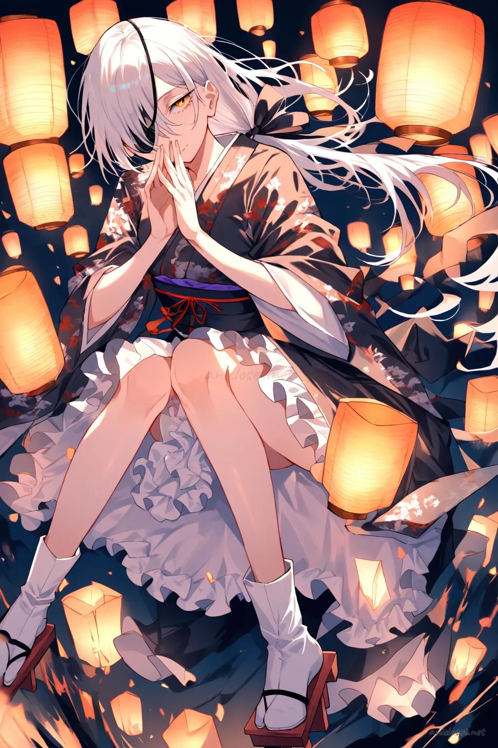 Full-body three-quarter view of Quanxi wearing a modern wa-Lolita hybrid kimono with kimono sleeves, frilly petticoat skirt, ribbon bow, tabi socks, and geta sandals