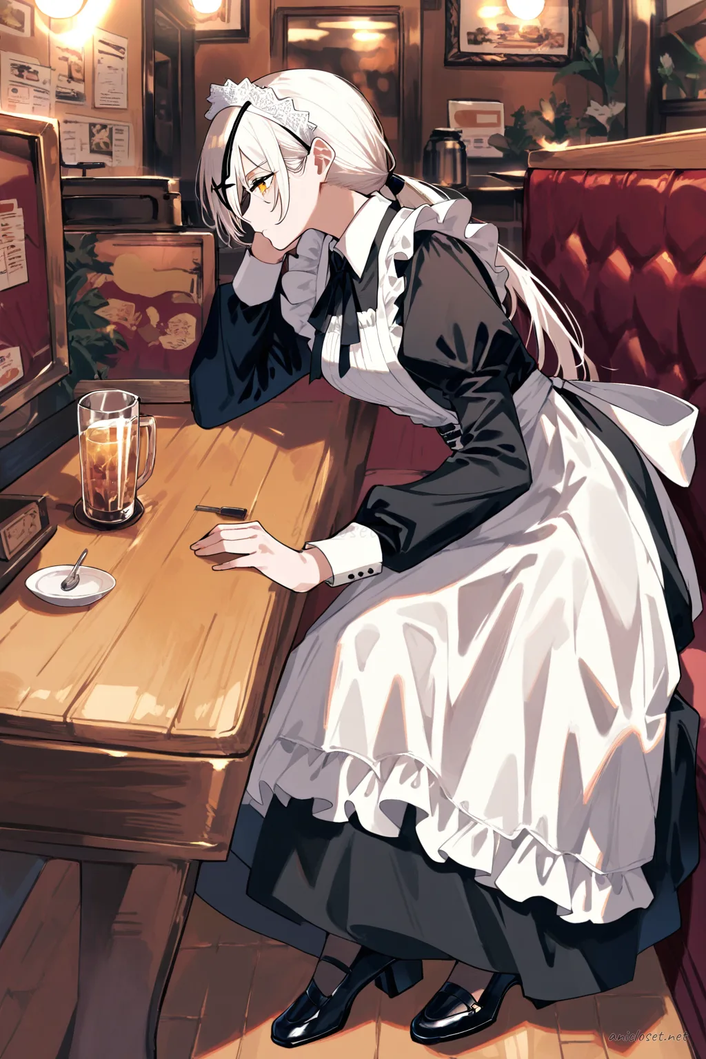 Knee-up half-body illustration of Quanxi in a classic black-and-white Victorian maid dress with long skirt, frilled white apron, puffed sleeves, lace maid headdress, and black Mary Jane shoes under soft studio lighting